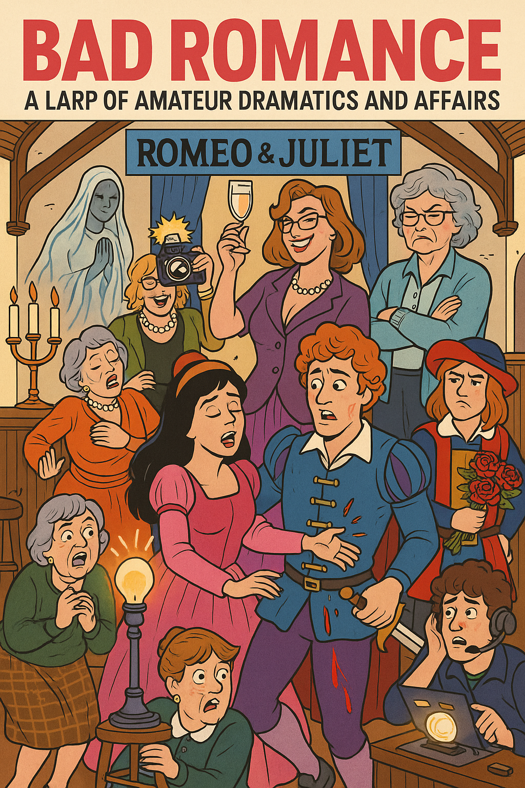 Cartoon scene of chaos during a village Romeo and Juliet performance